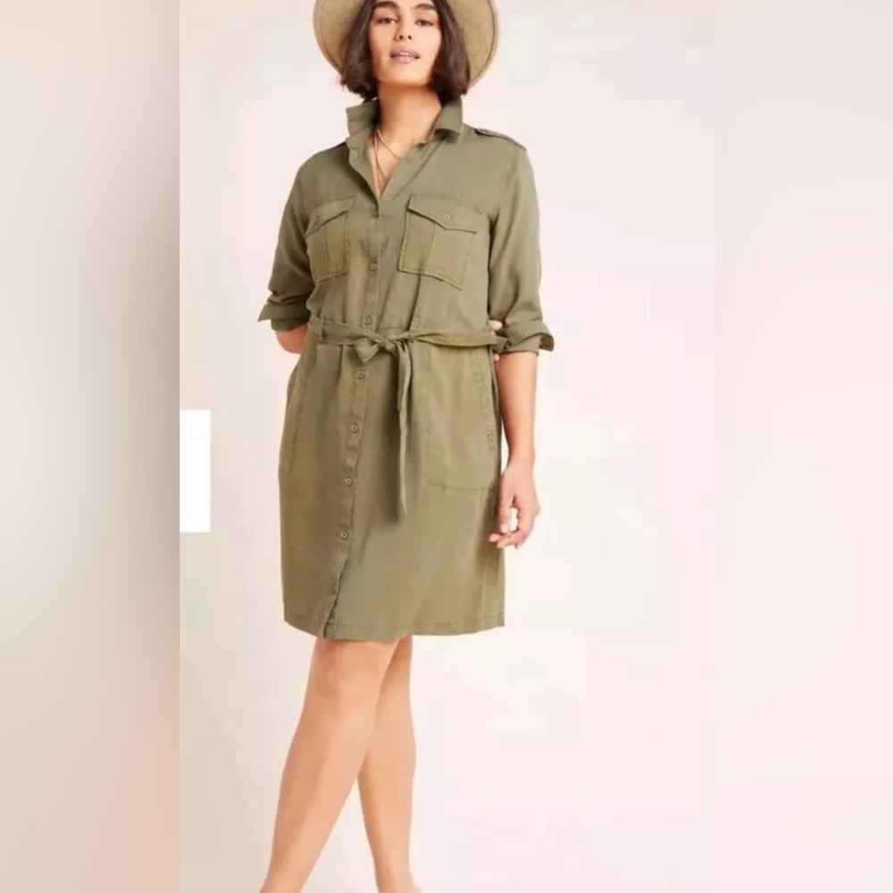 CLOTH & STONE Eryn Utility  Dress Button Up Long Sleeve Tencel Green Shirt Dres